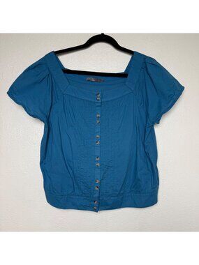 Prana Womens Organic Cotton Blue Button-Front Short-Sleeve BOHO Top Size L